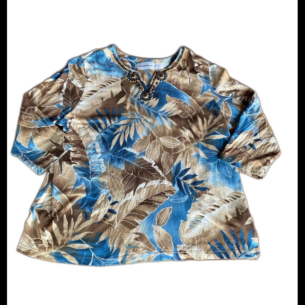 Alfred Dunner Blouse Size Large 95% Cotton Distressed Look Beaded V Neck‎ Floral